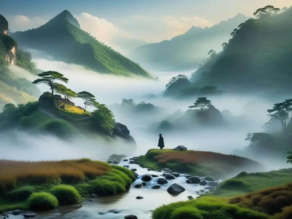 Un paisaje montañoso envuelto en niebla, con una figura solitaria junto a un arroyo, evocando la melancolía y soledad de los poemas de Li Bai