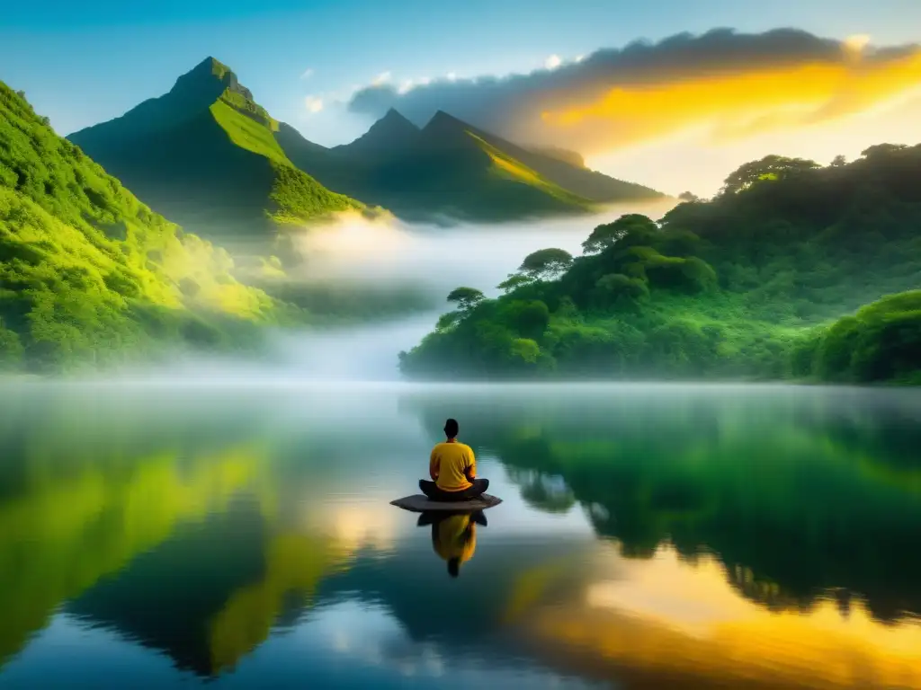 Un paisaje montañoso neblinoso con un lago tranquilo y una figura meditando