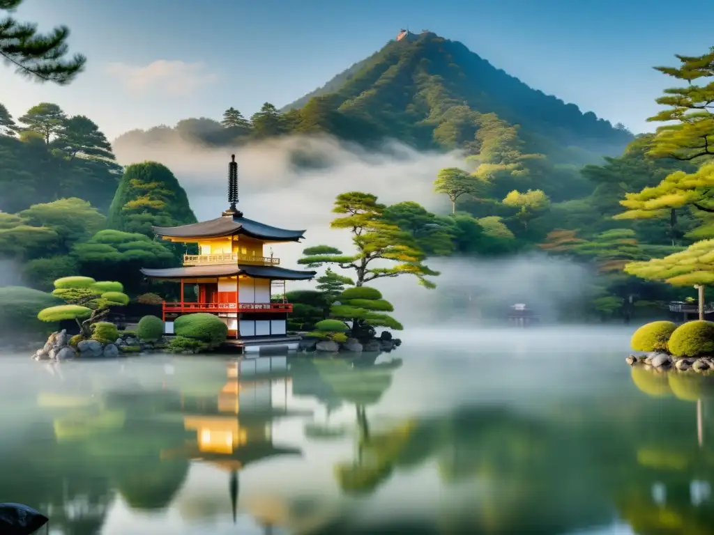 Un paisaje montañoso sereno y brumoso al amanecer, con una pagoda japonesa entre árboles