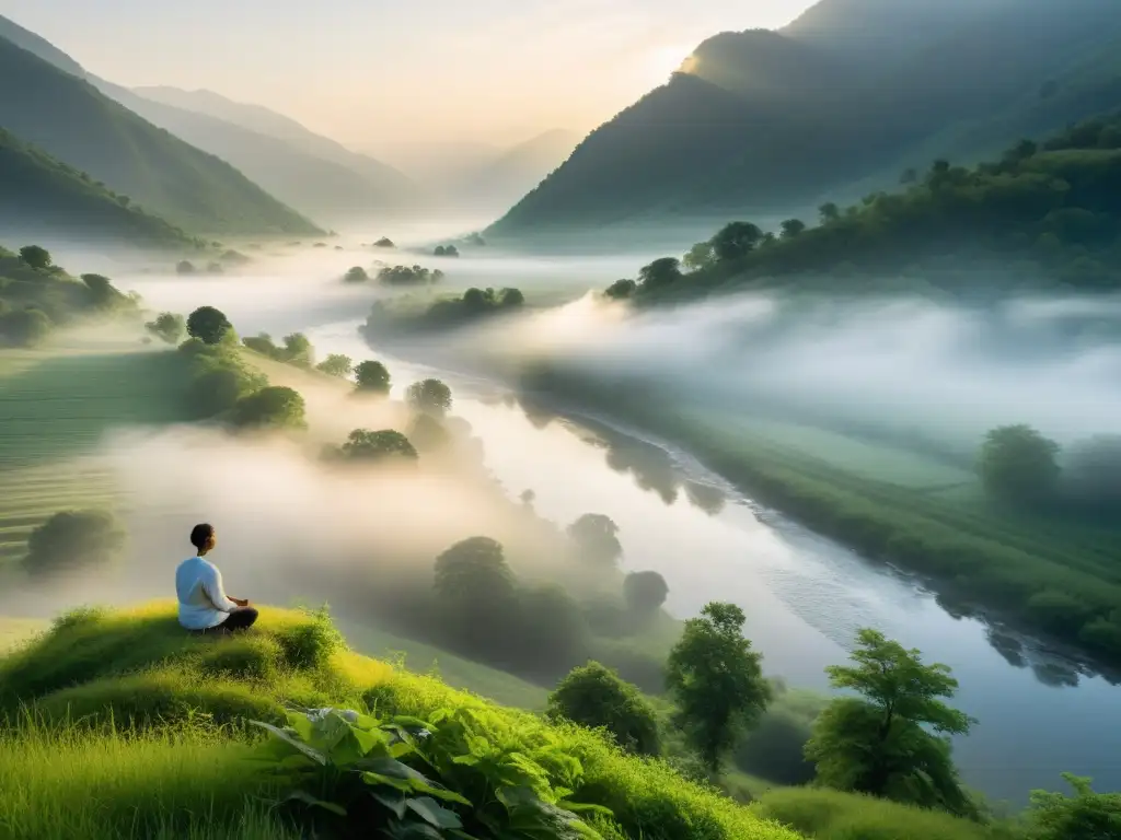 Un paisaje montañoso sereno con un río tranquilo, vegetación exuberante y niebla suave