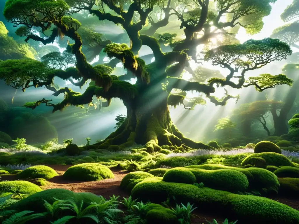 Un paisaje de otro mundo con una selva serena y mística, reflejando realismo mágico en el anime