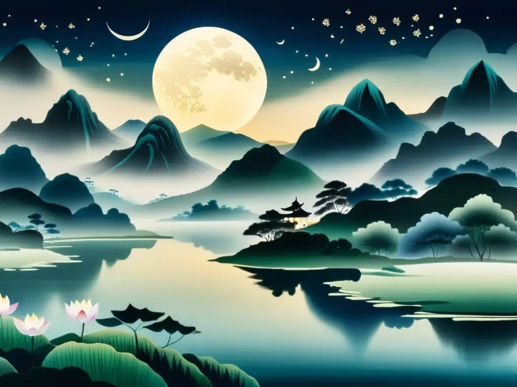 Paisaje nocturno de pintura china de montañas, río, loto y luna