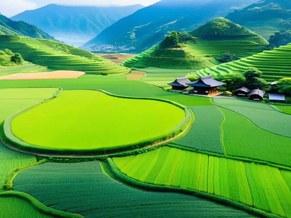 Un paisaje panorámico de la serena campiña de Japón con arrozales verdes y granjas tradicionales de madera