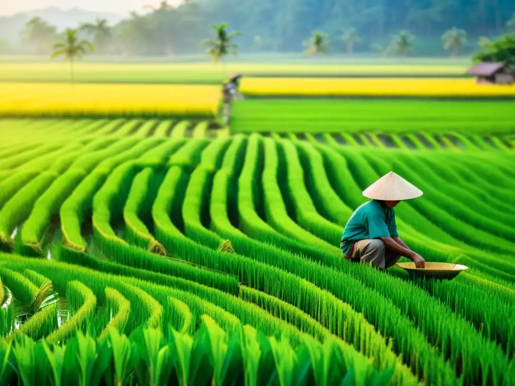 Un paisaje rural de arrozales exuberantes en Asia, donde agricultores trabajan bajo el sol