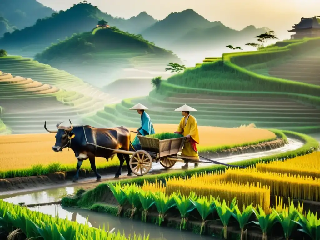 Un paisaje sereno de la antigua China: un arado de madera tallada tira de bueyes por terrazas de arroz, mientras agricultores trabajan