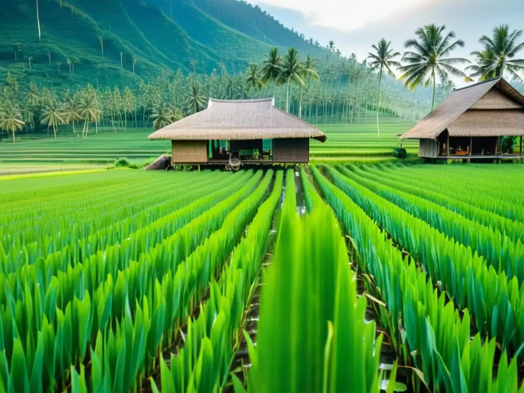 Un paisaje sereno de arrozales verdes en Asia, con granjas tradicionales y agricultores trabajando