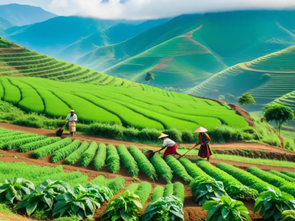 Un paisaje sereno y bañado por el sol de colinas ondulantes cubiertas de exuberante vegetación verde, donde un pequeño grupo de agricultores en ropa tradicional trabaja la tierra con herramientas agrícolas antiguas utilizando la técnica de barbecho, reflejando la profunda conexión