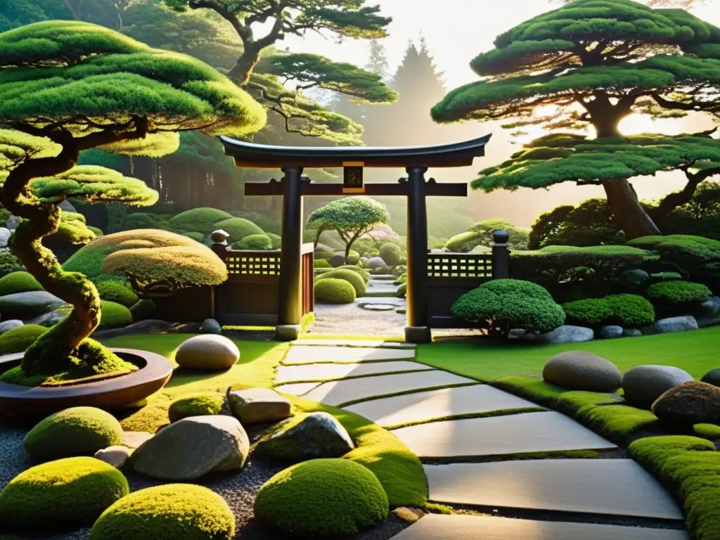 Paisaje de jardín japonés sereno con camino de piedra, bonsáis, puerta de madera, luz cálida al atardecer y figura meditativa