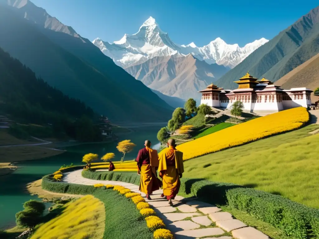 Un paisaje sereno y exuberante con un lago tranquilo y monjes caminando hacia un monasterio en el Himalaya