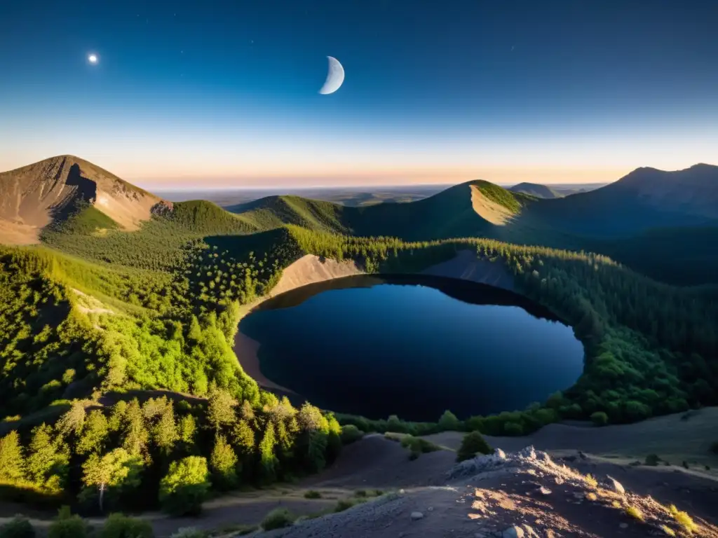 Un paisaje sereno iluminado por la luna en una región montañosa remota, reflejando el papel de los astros en el budismo