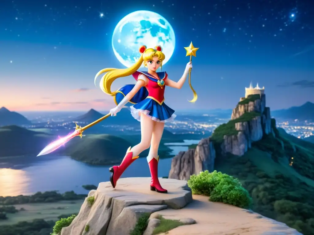 Sailor Moon en un paisaje sereno y místico, con su icónico cabello y falda ondeando, sosteniendo su cetro mágico