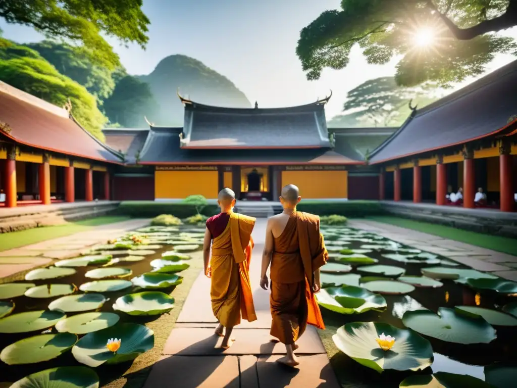 Un paisaje sereno con monjes budistas en saffron paseando por un templo asiático, transmitiendo una atmósfera espiritual y tranquila