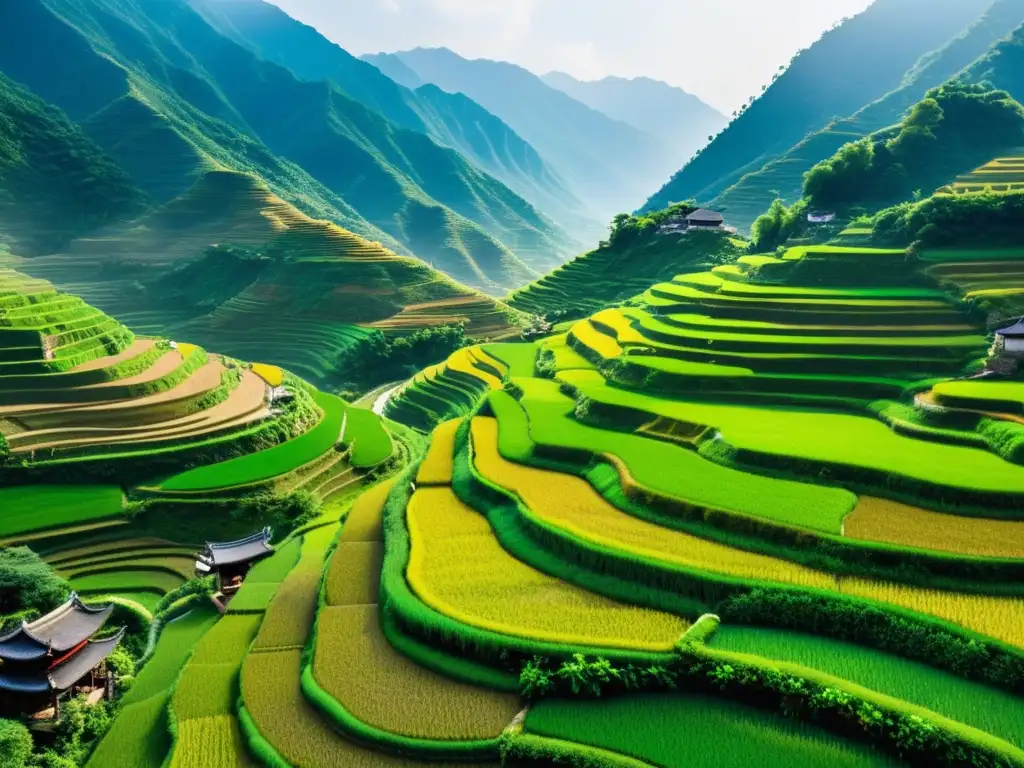 Un paisaje sereno y neblinoso de la remota campiña china, con montañas verdes exuberantes y un río serpenteante