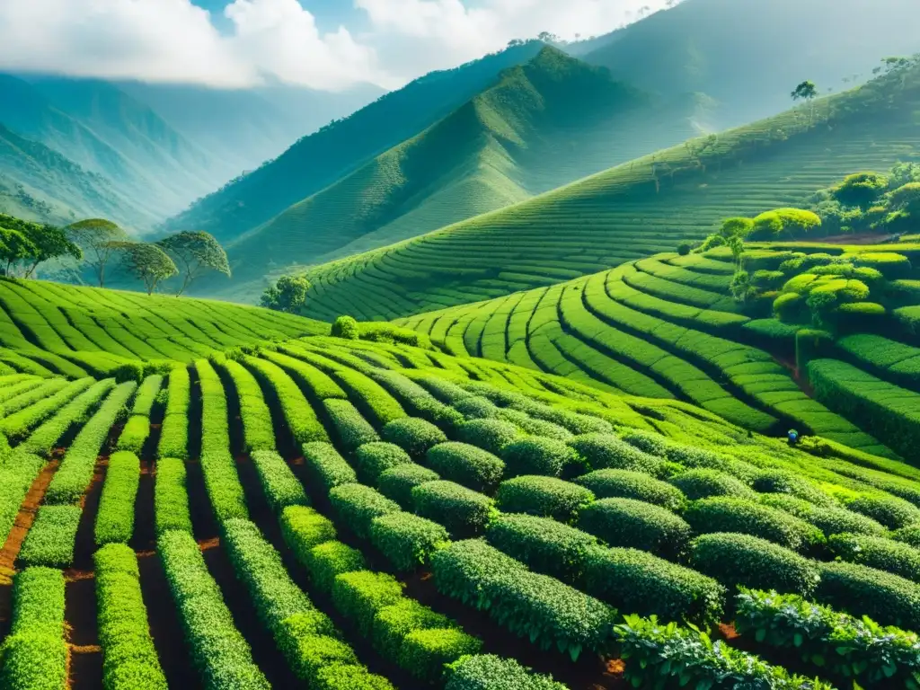 Un paisaje sereno de plantaciones de té en Asia, con trabajadores cuidando las plantas