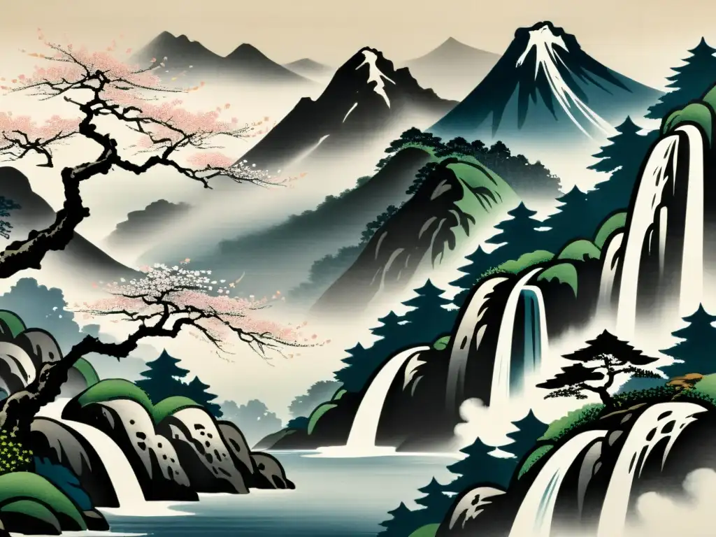 Un paisaje sereno de sumi-e japonés muestra montañas, cascada y cerezo