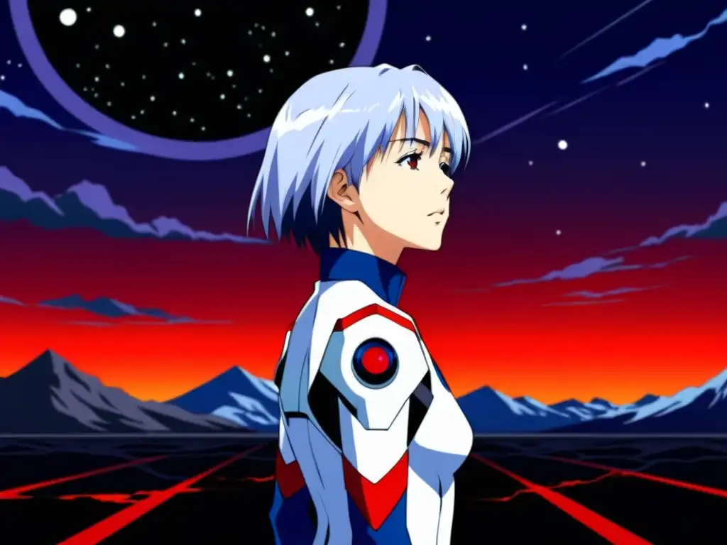 Rei Ayanami en paisaje surrealista, expresión introspectiva