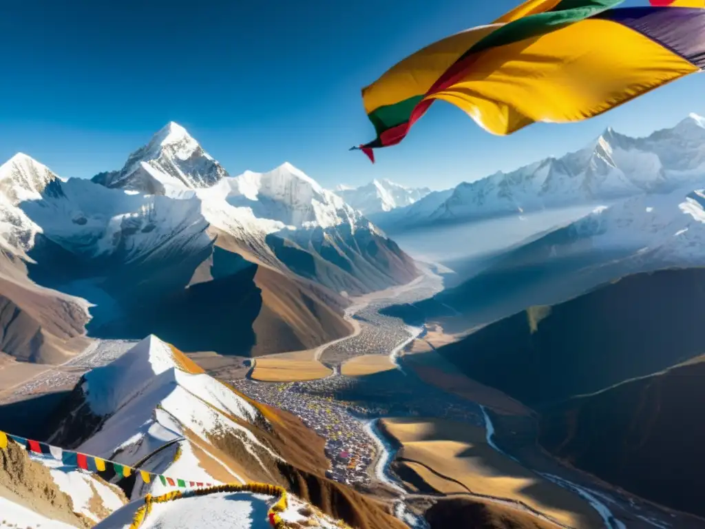 Paisaje tibetano con poesía interior y montañas nevadas bañadas por el sol