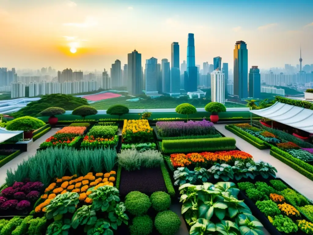 Un paisaje urbano asiático con jardines y granjas en alturas rebosantes de vida y color, un equilibrio armonioso entre naturaleza y urbanización