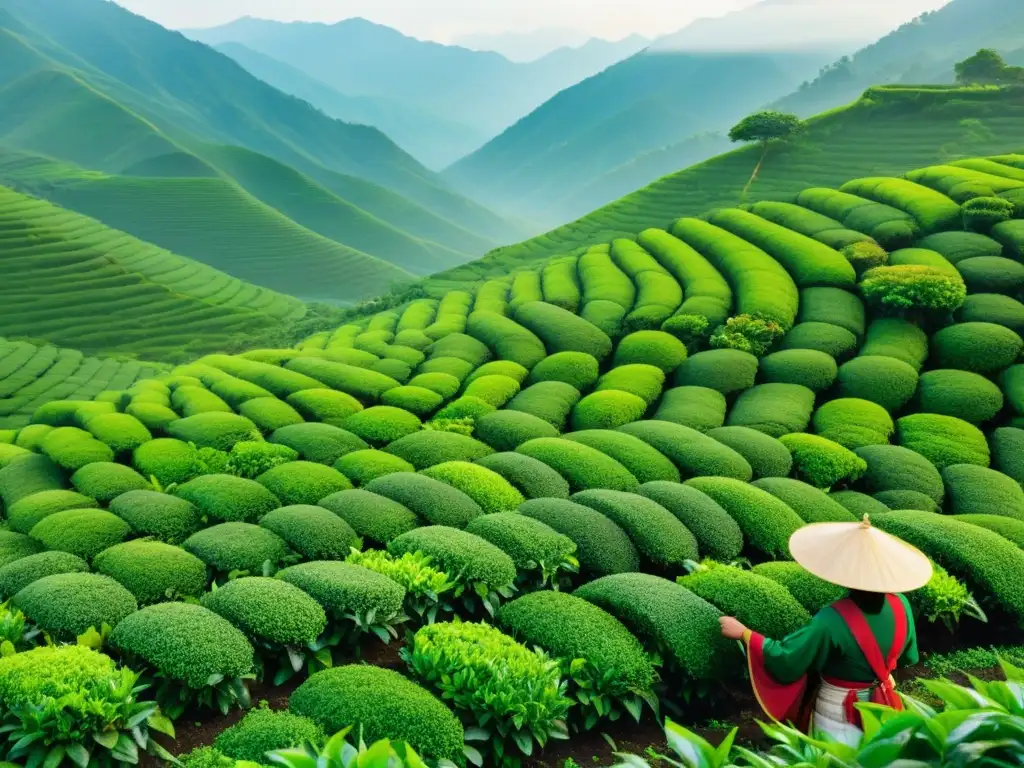 Un paisaje de plantación de té verde exuberante en las colinas de Asia, donde los recolectores cuidadosamente seleccionan las hojas