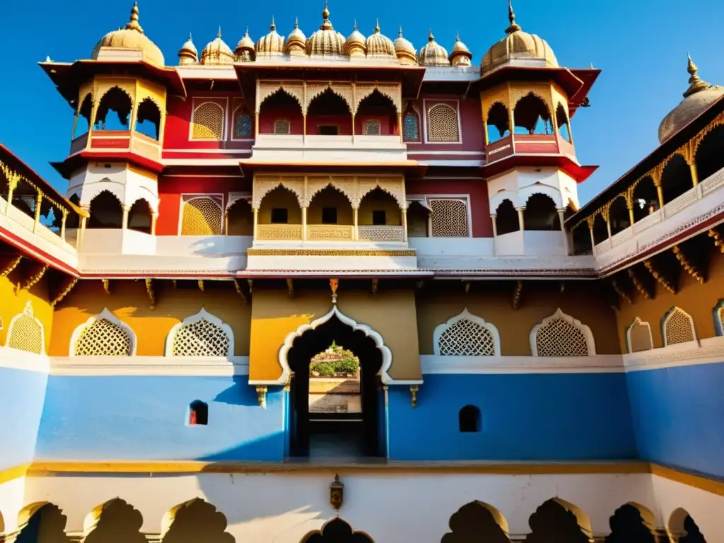 Palacio de la Ciudad de Udaipur en Rajastán, India, bañado por la luz del sol, con su arquitectura colorida y detalles intrincados