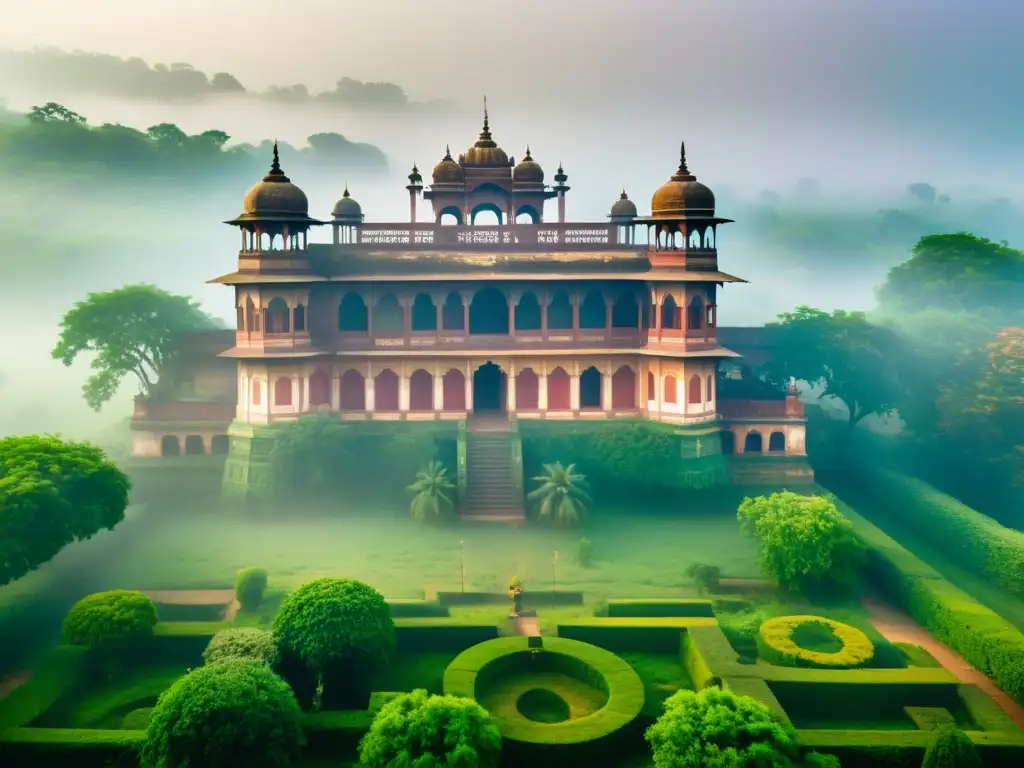 Palacio indio antiguo envuelto en la niebla con elementos sobrenaturales literatura india
