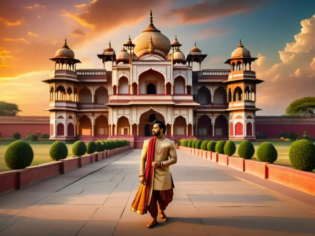 Palacio indio majestuoso al atardecer, reflejando la grandeza del cine épico de India