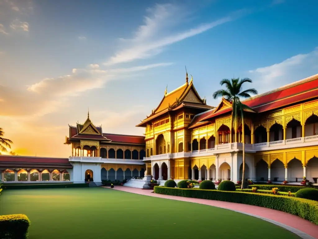 Palacio real convertido en hotel de lujo en Asia, con detalles arquitectónicos, atardecer dorado y exuberantes jardines