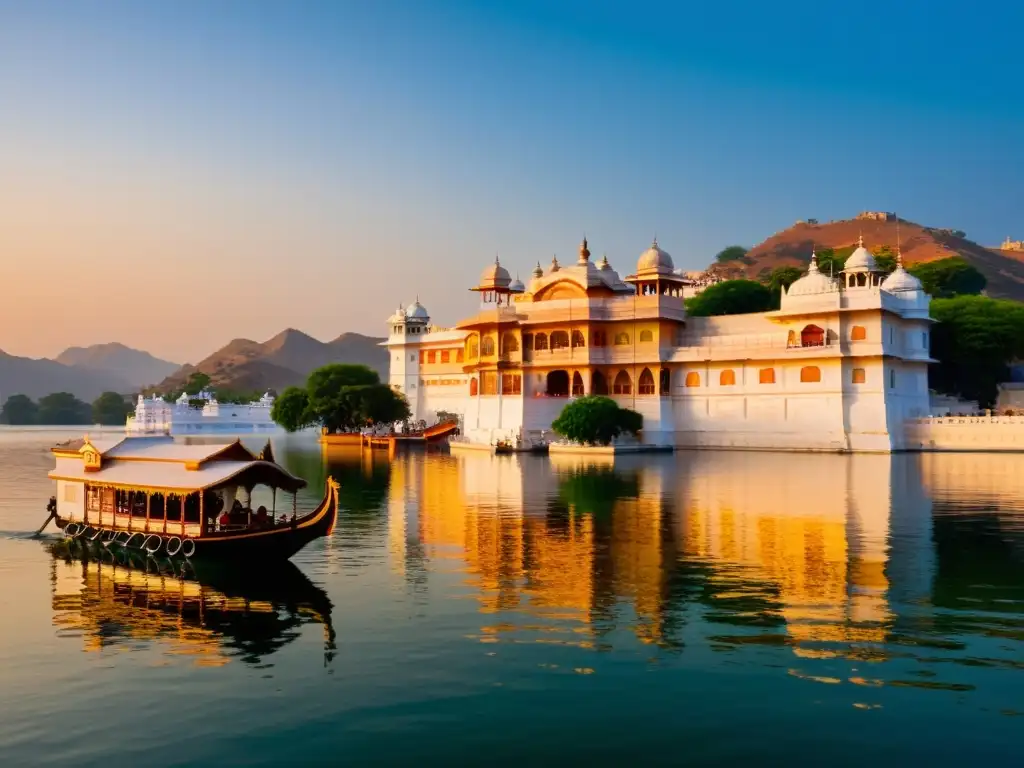 Palacio real convertido en hotel de lujo en Asia, reflejado en el agua al atardecer en Udaipur, India