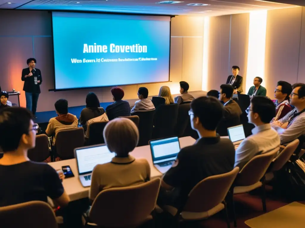 Panel de discusión sobre contenido adulto en anime en convención, con audiencia diversa y apasionada