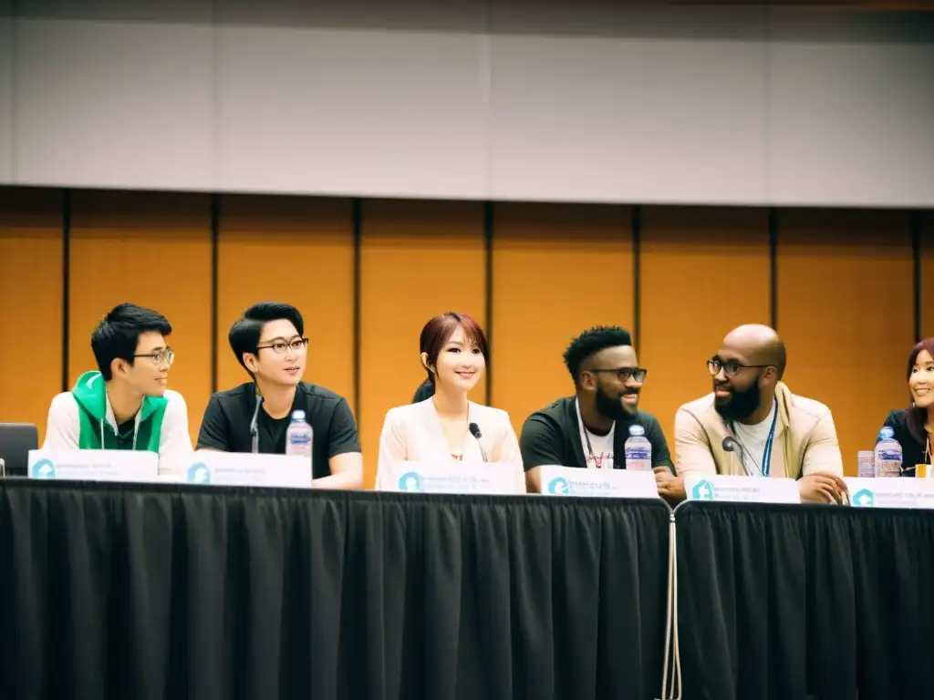 Panel de convención de anime lleno de diversidad, con asistentes atentos escuchando a un panelista discutir el anime como crítica social