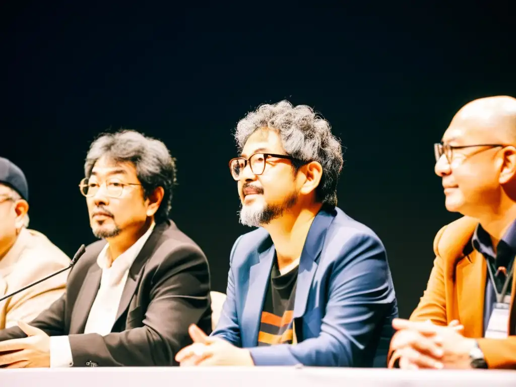 Un panel de grandes directores de anime asiático, como Hideaki Anno, Mamoru Oshii y Satoshi Kon, conversando apasionadamente en un evento