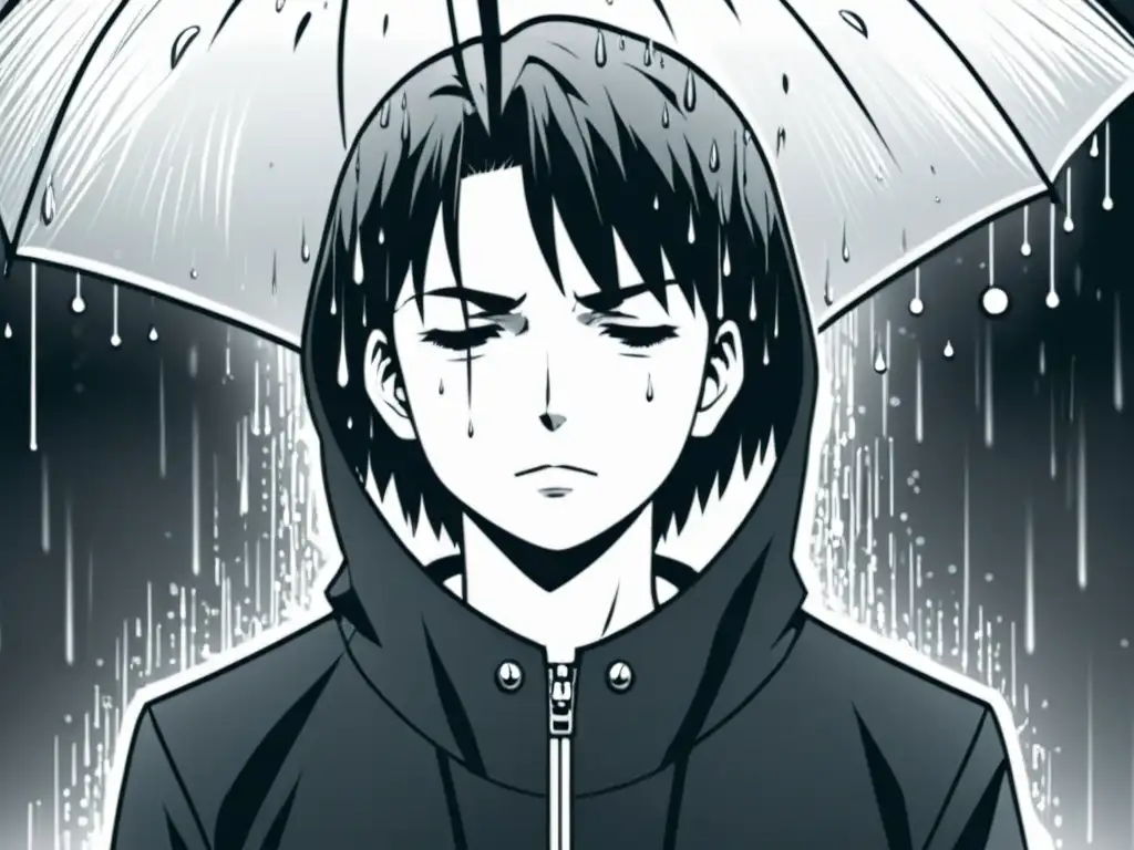 Un panel de manga en blanco y negro muestra a una figura solitaria bajo la lluvia, resaltando el uso del espacio y la pausa en el manga