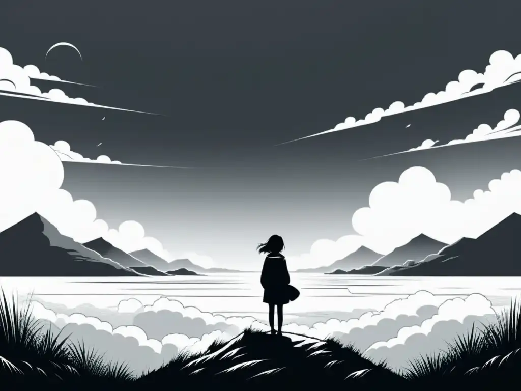 Un panel de manga en blanco y negro muestra un paisaje sereno y vacío con un personaje solitario, expresando contemplación y tranquilidad