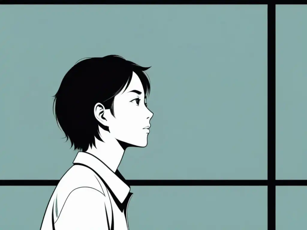 Un panel de manga detallado que muestra un momento tranquilo y contemplativo, con uso del espacio y expresiones faciales sutiles