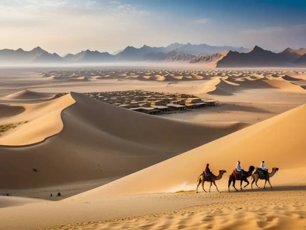 Panorámica de la antigua Ruta de Marco Polo en Asia Central, con caravanas y paisajes desérticos, evocando su espíritu aventurero