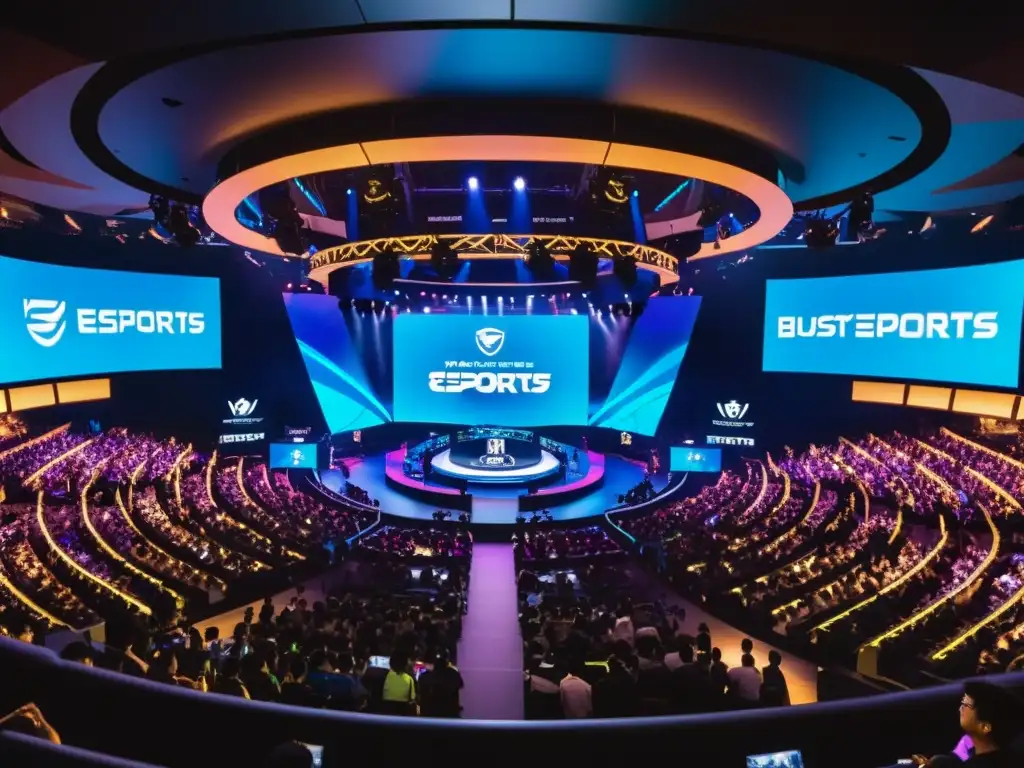 Panorámica de una arena de esports en Asia, vibrante y llena de energía, con patrocinios eSports Asia financiamiento revolución