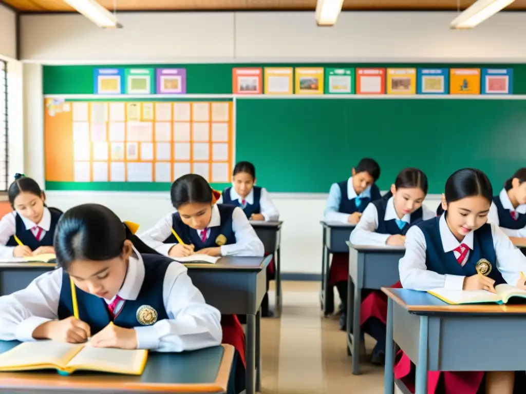 Panorámica de aula asiática bulliciosa con estudiantes en uniforme tradicional, concentrados en sus estudios