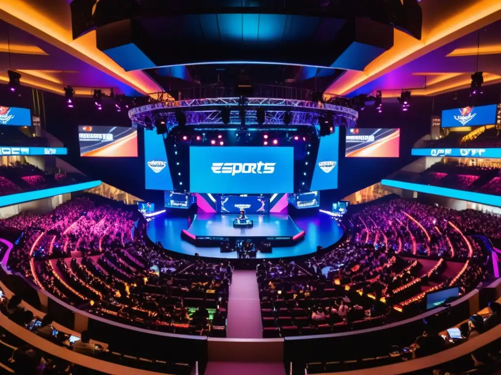 Panorámica de una bulliciosa arena de esports en Asia, con tecnología de vanguardia y aficionados emocionados