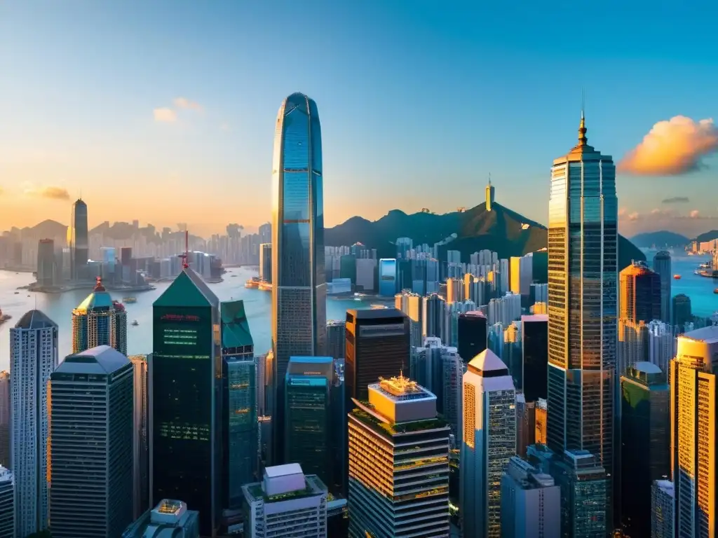 Panorámica del bullicioso distrito financiero de Hong Kong al atardecer, reflejando el dinamismo de la especialidad en finanzas para MBA asiáticos