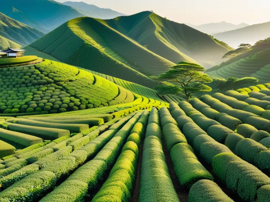 Panorámica de las exuberantes plantaciones de té en Asia, con trabajadores cuidando las plantas en armonía con la naturaleza