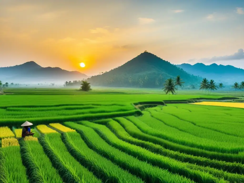 Panorámica de un festival de la planta de arroz asiático, con agricultores en un campo verde exuberante al atardecer, emanando serenidad y espiritualidad