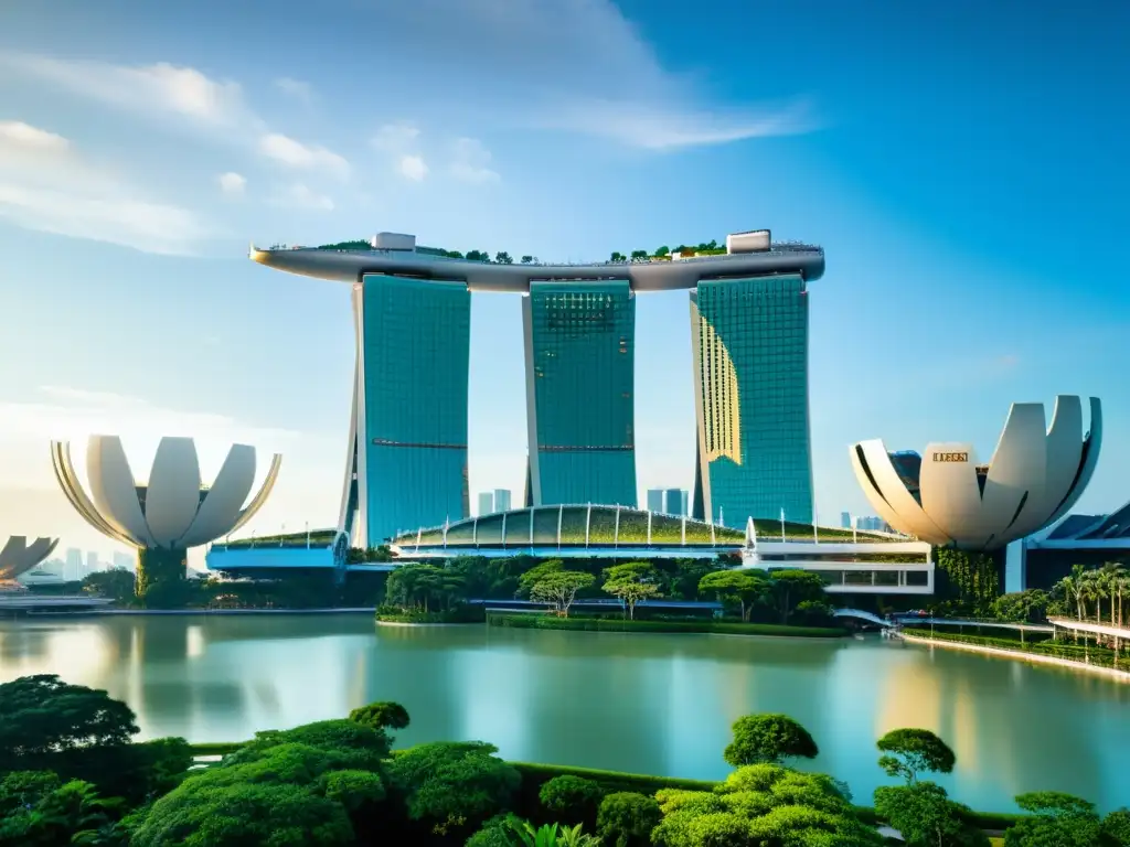 Panorámica futurista de Singapur con la influencia arquitectura asiática contemporánea de Marina Bay Sands y Gardens by the Bay