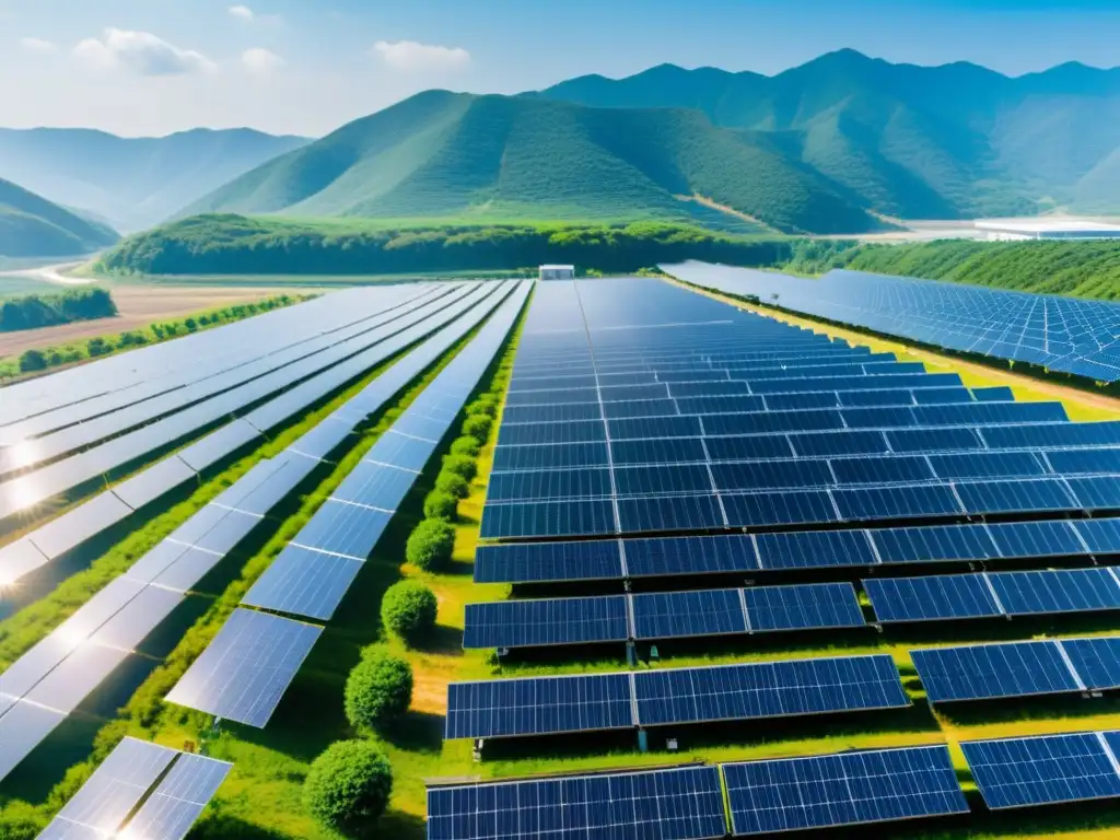 Panorámica de gran resolución de una granja solar en Corea del Sur, con paneles solares relucientes