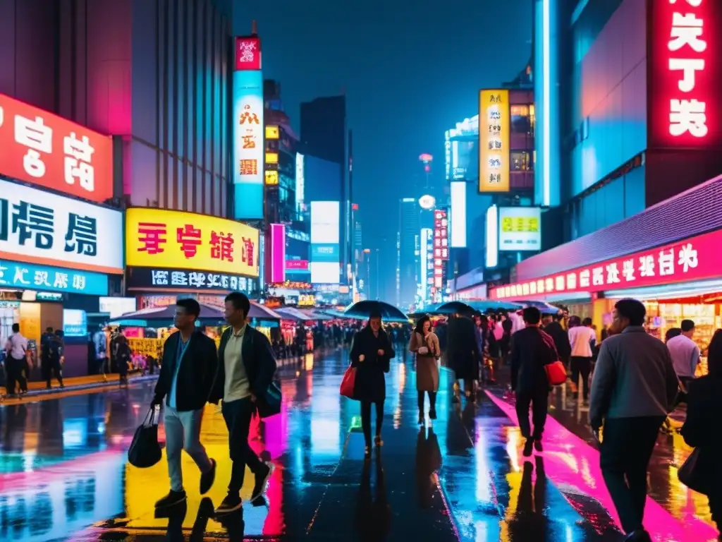 Panorámica nocturna de una bulliciosa ciudad asiática con luces de neón que iluminan las calles mojadas