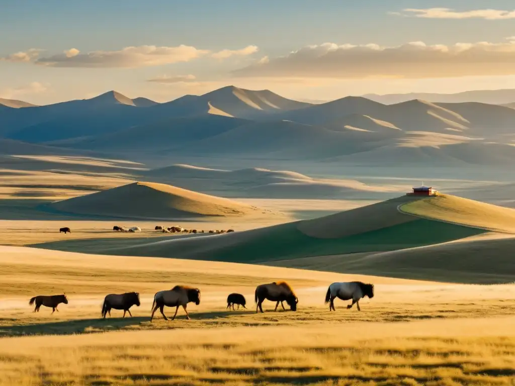 Panorámica de la estepa mongola con nómadas y rebaños; convivencia con nómadas mongolas en la naturaleza salvaje