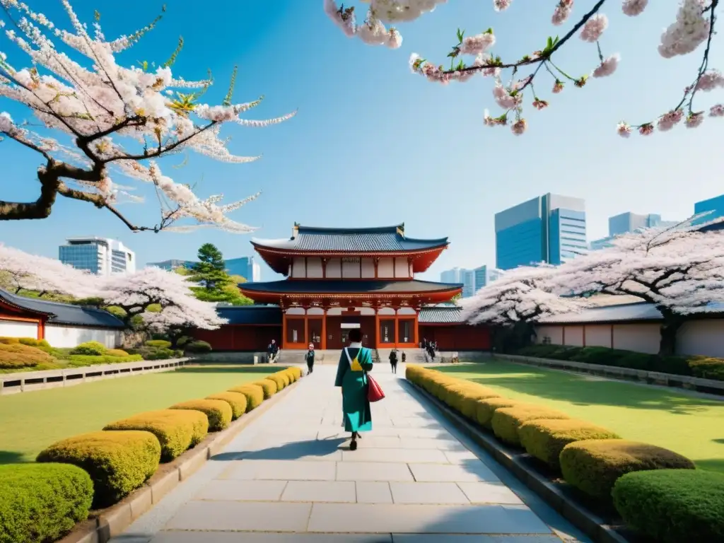 Panorámica de una universidad japonesa con arquitectura moderna y tradicional, rodeada de cerezos en flor y estudiantes