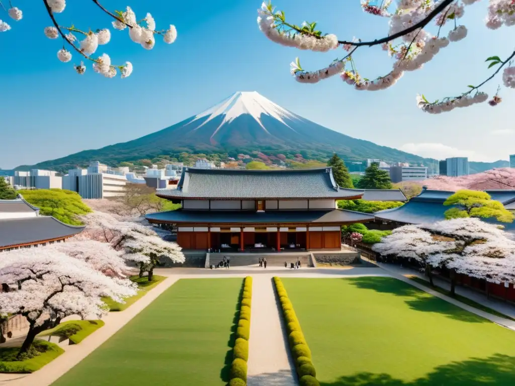 Panorámica de una universidad japonesa entre cerezos en flor