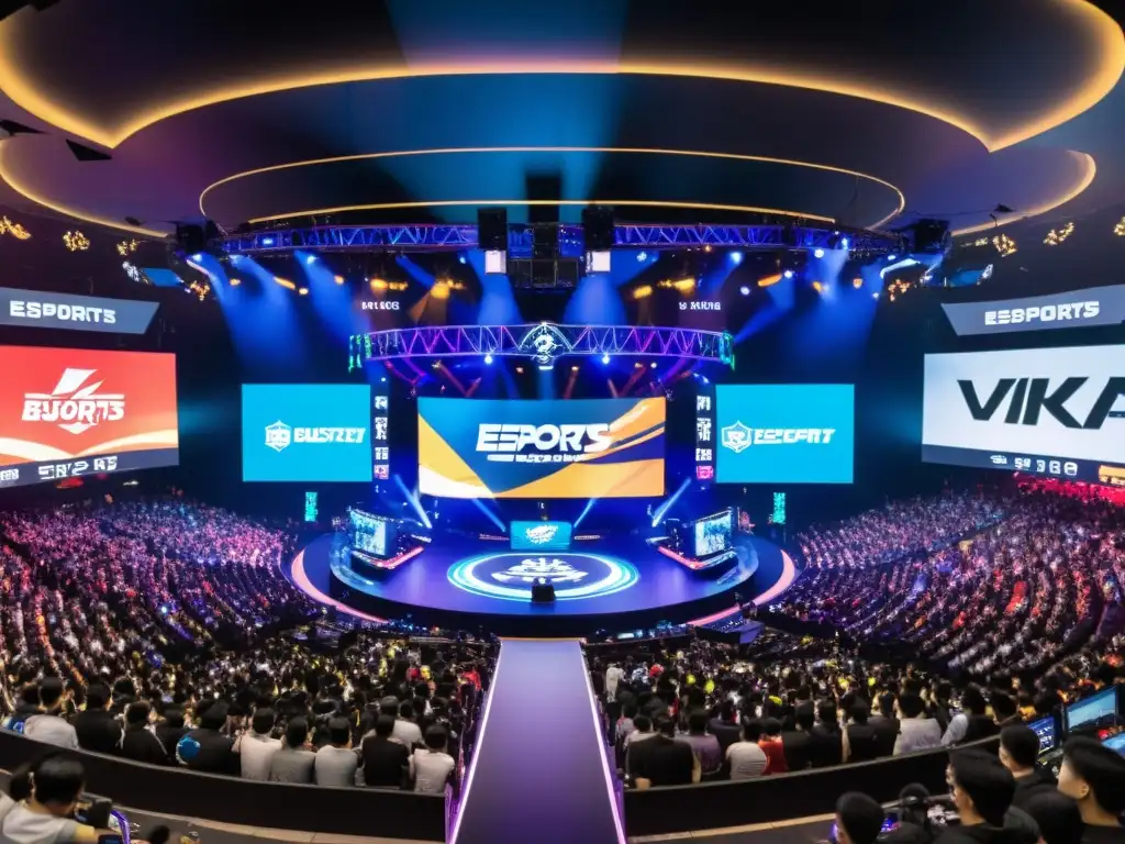 Panorámica de un vibrante estadio de eSports en Asia, con fans entusiastas y emocionante competencia en el escenario