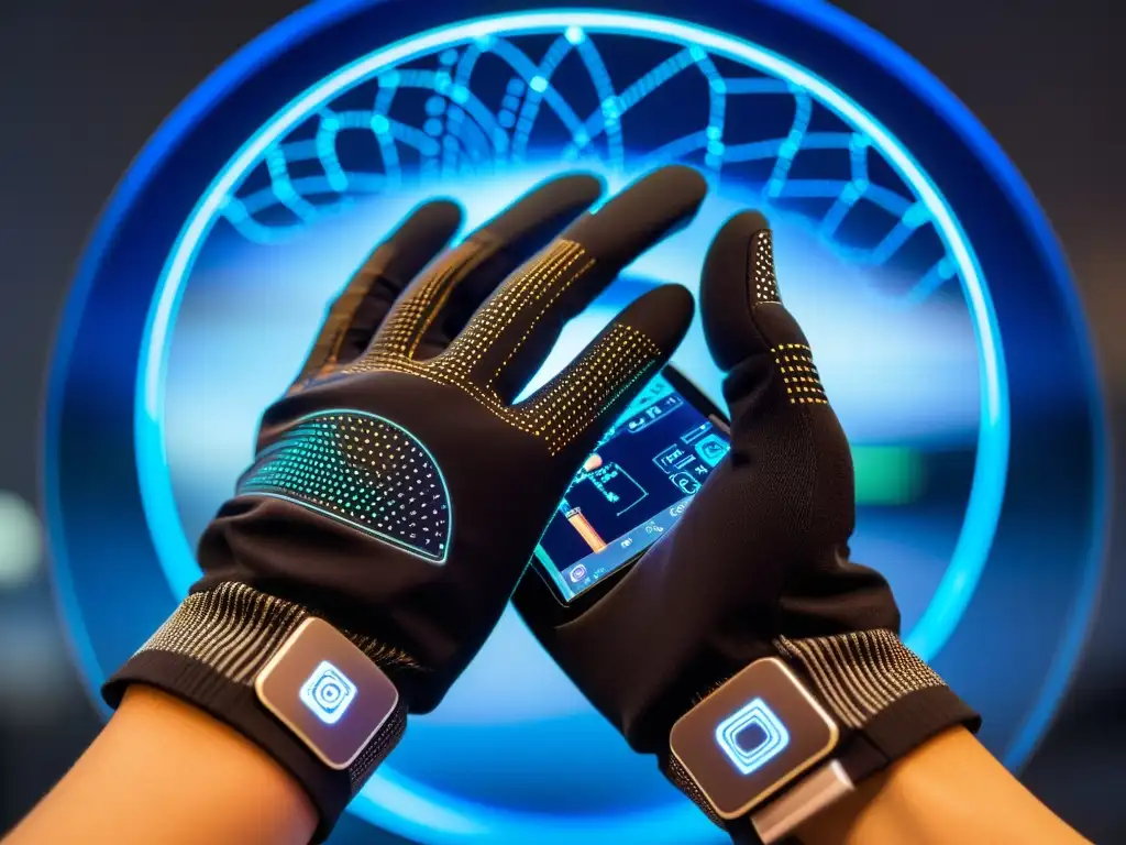 Un par de elegantes guantes inteligentes de tecnología japonesa, con circuitos y sensores integrados, en un laboratorio de alta tecnología