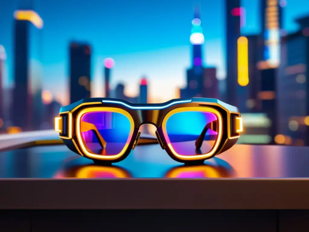 Un par de gafas de realidad aumentada cyberpunk asiáticas, adornadas con detalles neon y elementos metálicos, en un paisaje urbano vibrante